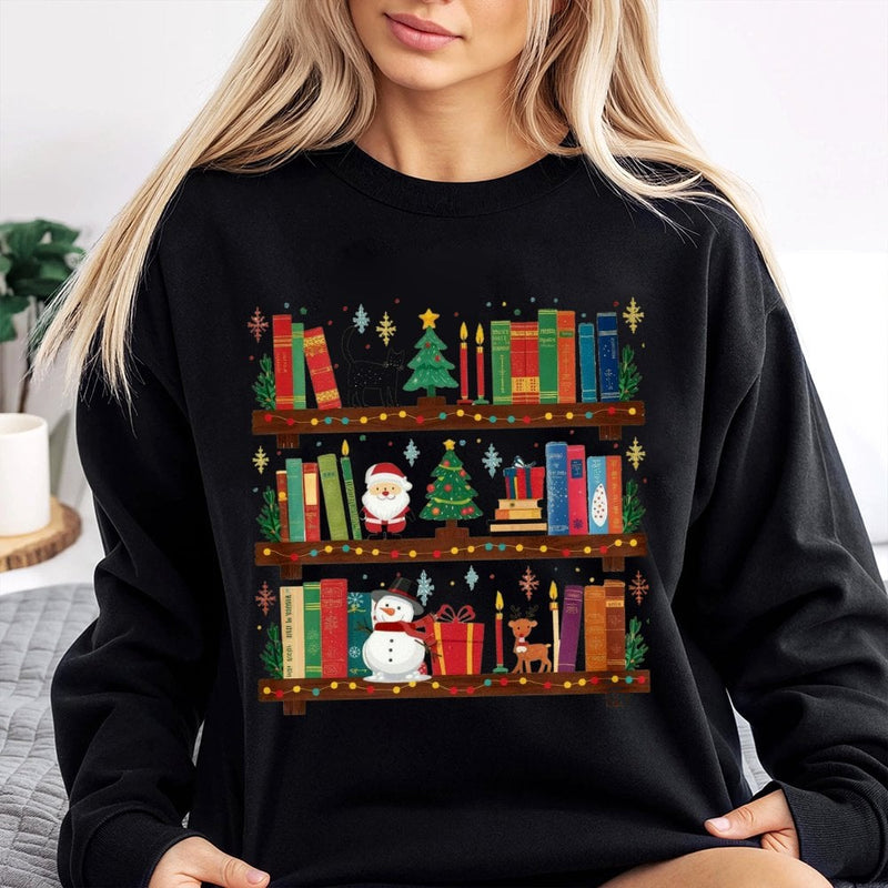 Festive Holiday Library Bookish Sweater, Christmas Bookshelf Sweatshirt, Comfy Winter Book Lover Crewneck, Reading Teacher Xmas Pullover