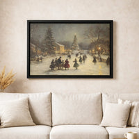 Winter Town Square Canvas Print, Vintage Christmas Ice Skating Canvas, Snowy Holiday Landscape Canvas Wall Art, Festive Seasonal Home Decor