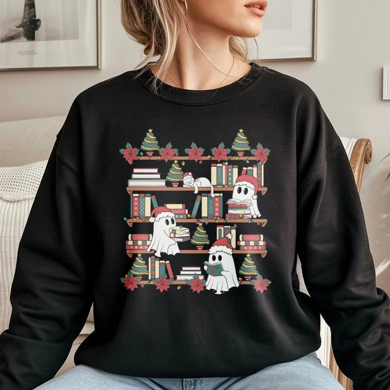 Adorable Bookish Christmas Crewneck, Christmas Ghost Bookshelf Sweatshirt, Reading Ghost Holiday Sweatshirt, Book Lover Christmas Present