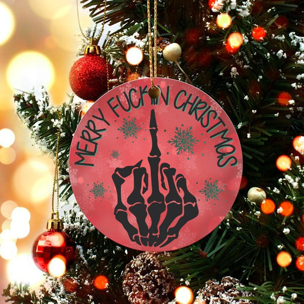 Humorous Rude Skeleton Ornament, Merry Fuckn Christmas Ornament, Middle Finger Holiday Ornament, Edgy Humorous Ceramic Xmas T