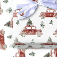 Classic Holiday Tree Gift Wrap, Vintage Red Car Christmas Wrapping Paper, Retro Auto Christmas Wrapping Paper, Seasonal Present Packaging