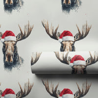 Watercolor Santa Moose Gift Wrap, Moose Christmas Wrapping Paper, Rustic Holiday Wrapping Paper Roll, Winter Wildlife Wrapping Paper
