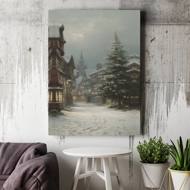 Vintage Winter Townscape Wall Art, Snowy Christmas Village Canvas, Festive Holiday Christmas Canvas Print, Comfy Seasonal Living Room Decor