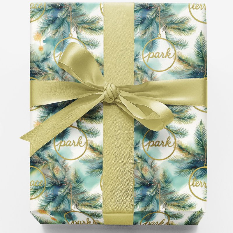 Botanical Pine and Gold Ornament Gift Wrap, Christmas Wrapping Paper, Elegant Holiday Present Paper Roll, Winter Xmas Present Supplies