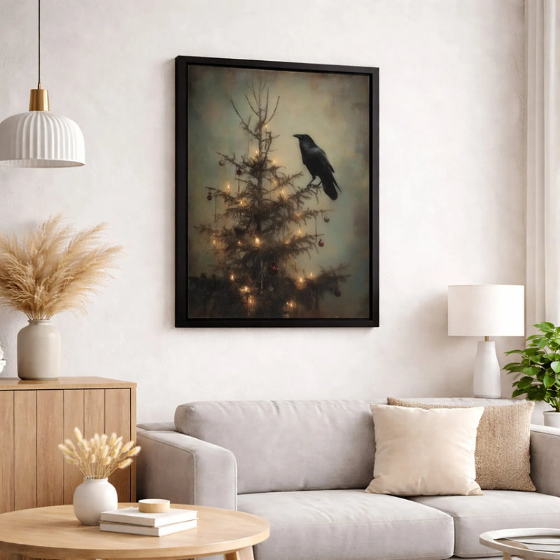 Dark Academia Holiday Canvas Print, Gothic Raven Christmas Tree Canvas Wall Art, Moody Winter Bird Canvas Art, Spooky Christmas Wall Decor