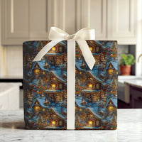 Snowy Cabin Holiday Gift Wrap, Night Christmas Village Wrapping Paper, Winter Wonderland Wrapping Paper, Comfy Festive Present Gift Wrap Roll