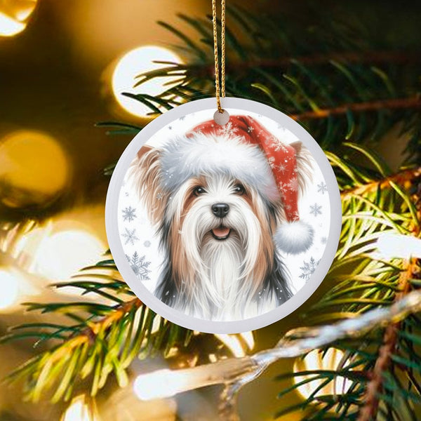 Santa Hat Dog Ceramic Ornament, Biewer Terrier Christmas Ornament, Adorable Puppy Holiday Ornament, Xmas Tree Dog Decor, Dog 