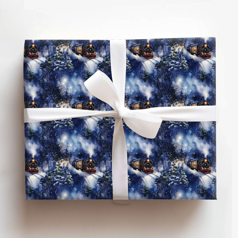 Winter Forest Night Gift Wrap, Christmas Steam Train Wrapping Paper, Locomotive Snow Paper Roll, Holiday Gift Wrap, Train Lover Xmas Paper