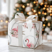 Tropical Christmas Gift Wrap, Snow Globe Flamingo Wrapping Paper, Watercolor Pink Poinsettia Present Paper, Winter Holiday Wrap Roll