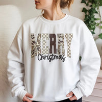 Checkered Holiday Lettering Crewneck, Merry Christmas Camo Sweatshirt, Southern Country Hunter Xmas Sweater, Winter Holiday Present