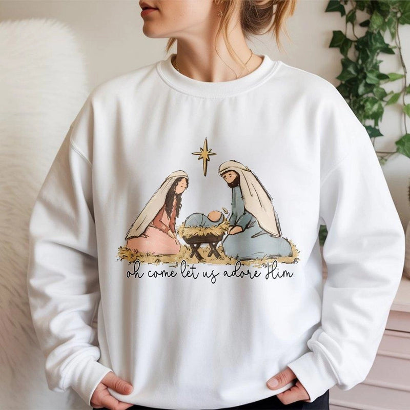 Oh Come Let Us Adore Him Sweater, Nativity Scene Sweatshirt, Christian Christmas Crewneck, Religious Holiday Sweatshirt