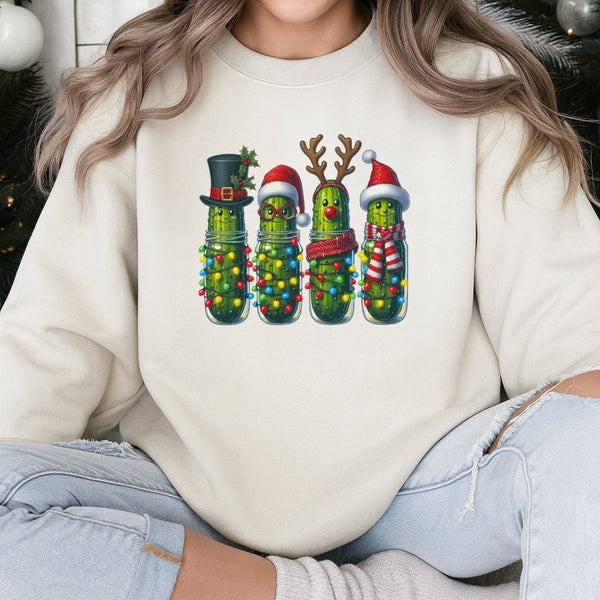 Holiday Pickle Jar Fairy Lights Sweater, Christmas Pickle Sweatshirt, Humorous Pickle Christmas Crewneck, Festive Food Lover 