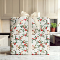 Watercolor Holly Berries Gift Wrap, Winter Birds Wrapping Paper, Christmas Wrapping Paper Roll, Nature Lover Festive Holiday Wrap Paper