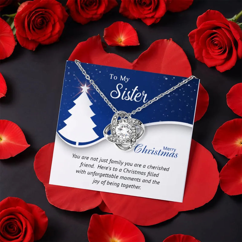 Christmas Sister Necklace, Sister Love Knot Necklace, Cubic Zirconia Pendant Necklace, Merry Christmas Holiday Present for Her