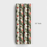 Pine Branch Christmas Gift Wrap, Watercolor Red Ornament Wrapping Paper, Pinecone Berry Wrapping Paper