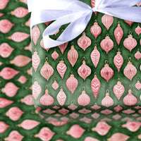 Retro Bauble Christmas Wrapping Paper, Pink Vintage Ornaments Wrapping Paper, Dark Green Holiday Gift Wrap, Watercolor Xmas Paper, Present Roll