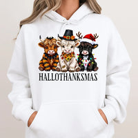 Adorable Highland Cow Sweatshirt, Highland Cow Hallothanksmas Hoodie, Fall Thanksgiving Christmas Hoodie, Humorous Farm Animal Hooded Pullover