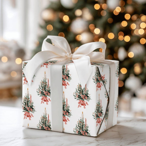 Candle and Red Bow Gift Wrap, Watercolor Christmas Tree Wrapping Paper, Vintage Evergreen Wrapping Paper, Holiday Season Pres