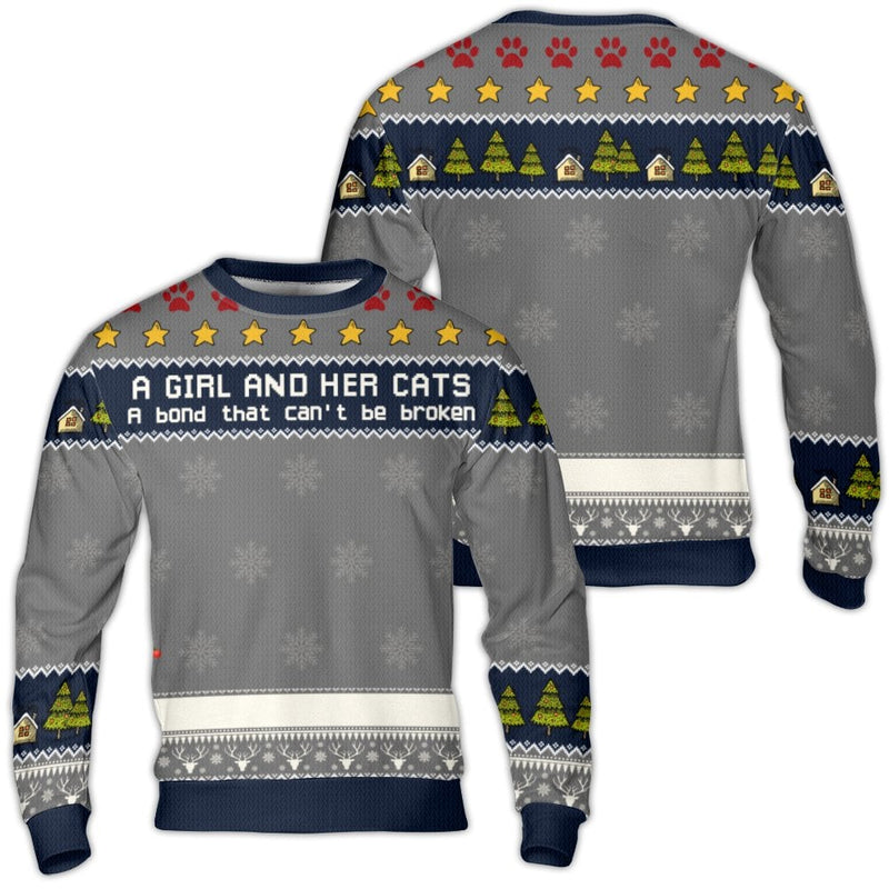 Bond That Cannot Be Broken Christmas Sweater, A Girl and Her Cats Ugly Sweater, Adorable Cat Lover Holiday Sweater, Cat Mom Crewneck Sweatshirt