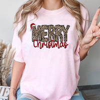 Santa Hat Holiday Shirt, Leopard Print Merry Christmas T-Shirt, Retro Xmas Graphic Tee, Festive Winter Holiday T-Shirt