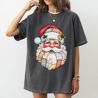 Retro Quilt Pattern Christmas Shirt, Patchwork Santa Claus T-Shirt, Vintage Santa Holiday T-Shirt, Festive Xmas Tee, Winter Holiday Present