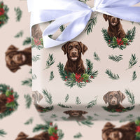 Dog Wreath Holiday Gift Wrap, Chocolate Labrador Christmas Wrapping Paper, Pet Lover Wrapping Paper, Festive Winter Puppy Gift Wrap Roll