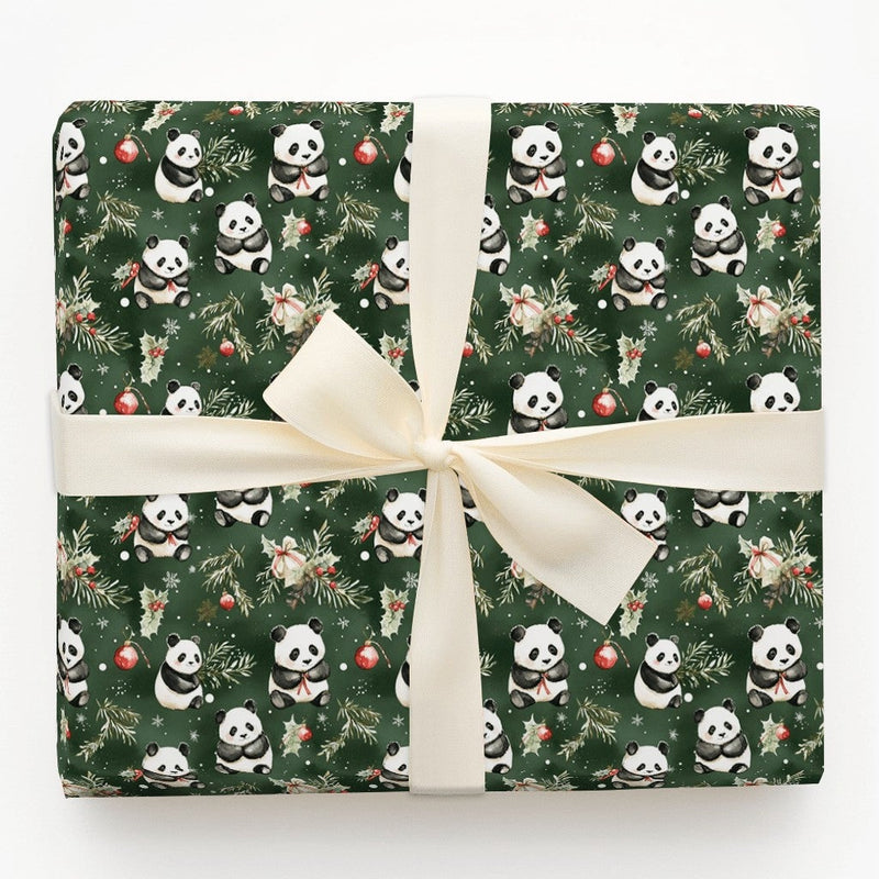 Holly Pine Christmas Gift Wrap, Green Panda Bear Wrapping Paper, Adorable Animal Holiday Present Paper, Festive Xmas Wrapping Paper