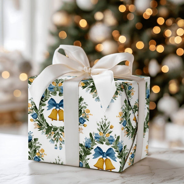 Floral Wreath Damask Gift Wrap, Golden Bells Christmas Wrapping Paper, Elegant Holiday Wrapping Paper, Traditional Seasonal P