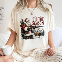 Humorous Deer Hunter Christmas T-Shirt, Tis the Season Santa Hunting Shirt, Outdoorsman Graphic Tee, Retro Santa Hunter Holiday Shirt