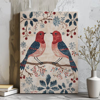 Folk Art Snowflakes Berries Canvas, Winter Bird Canvas Art, Festive Christmas Canvas Print, Holiday Bird Wall Decor, Winter Nature Art Present