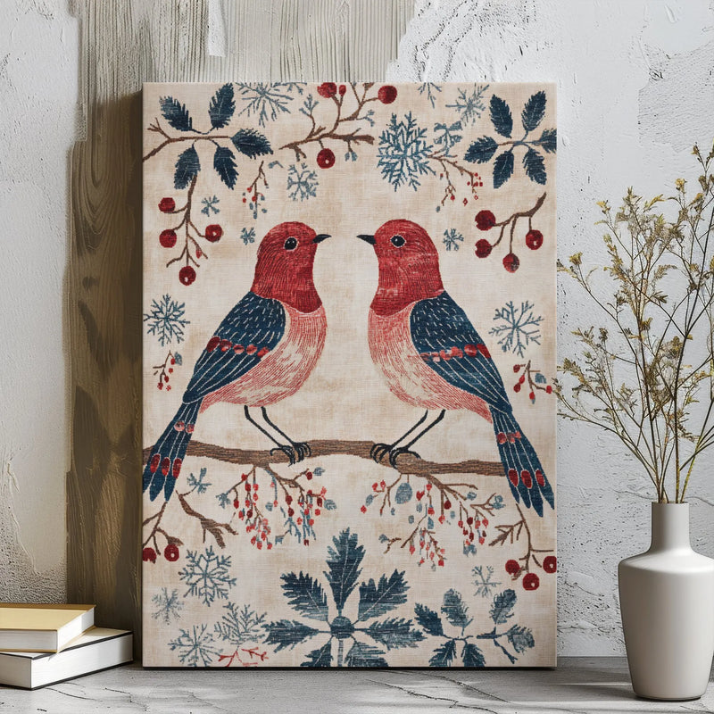 Winter Birds Wall Art, Winter Birds Folk Art Canvas Print, Winter Birds Holiday Poster, Christmas Canvas Print, Digital Download Wall Art