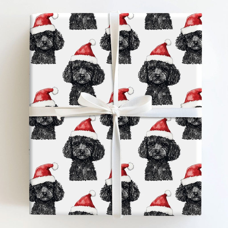 Santa Hat Dog Holiday Gift Wrap, Black Poodle Christmas Wrapping Paper, Festive Puppy Dog Xmas Wrapping Paper, Pet Lover Present Wrap Roll