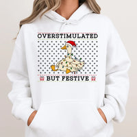 Humorous Christmas Duck Holiday Sweatshirt, Overstimulated but Festive Goose Hoodie, Adorable Animal Lover Hooded Pullover, Introvert Xmas Present