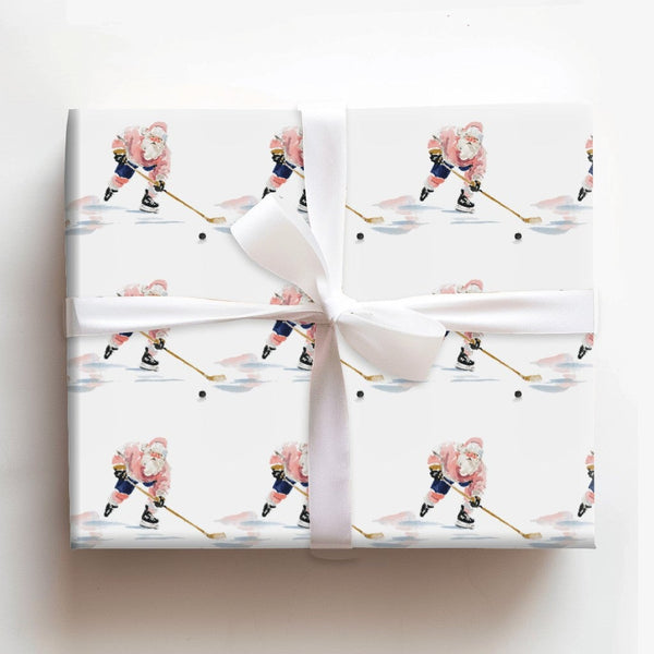 Watercolor Sports Gift Wrap, Santa Hockey Wrapping Paper, Ice Hockey Player Christmas Wrapping Paper, Adorable Holiday Gift W