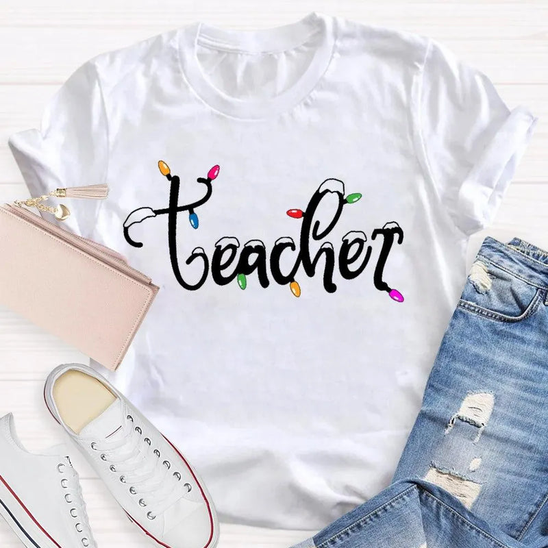 Adorable Holiday Educator Graphic Tee, Christmas Lights Snow Teacher T-Shirt, Festive Winter Teacher Shirt, Merry Christmas Present