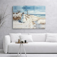 Watercolor Coastal Canvas Wall Art, Winter Beach Snowman Canvas Print, Tropical Holiday Canvas Art, Adorable Christmas Season Wall Decor Present