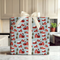 Rustic Red Farmhouse Gift Wrap, Winter Barn Christmas Wrapping Paper, Snowy Country Landscape Wrapping Paper, Holiday Festive Present Wrap