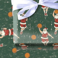 Dark Green Sports Christmas Gift Wrap, Retro Basketball Santa Wrapping Paper, Dribbling Santa Holiday Wrapping Paper, Xmas Wrapping Paper