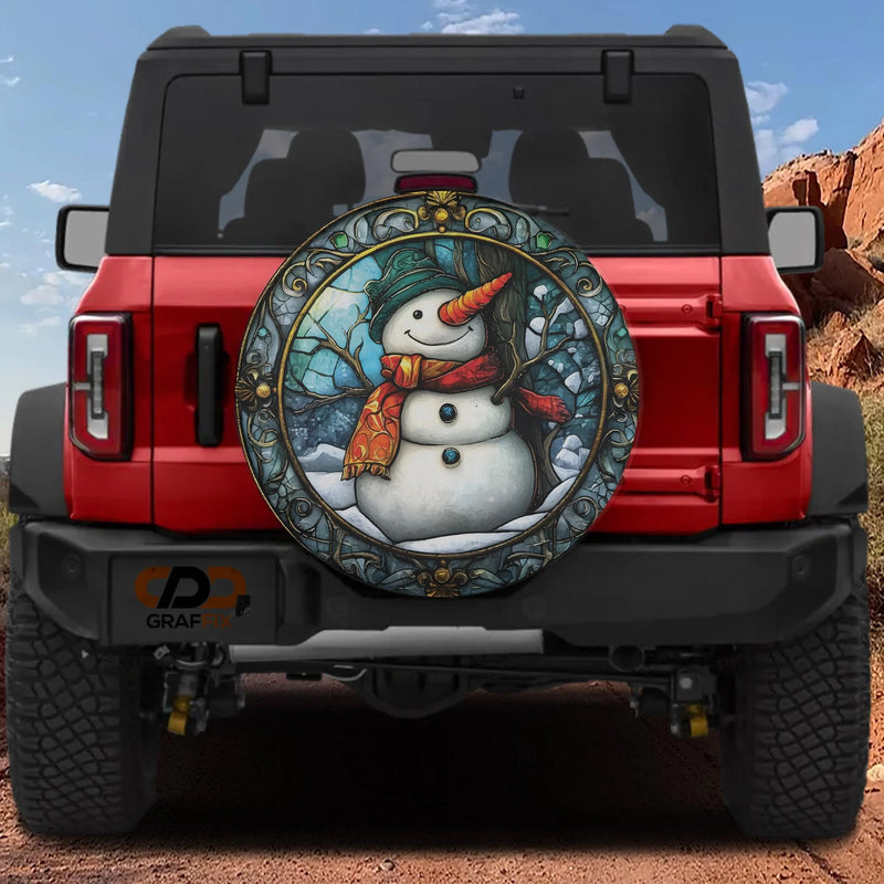 Vintage Winter Holiday Wheel Cover, Stained Glass Snowman Spare Tire Cover, Festive Christmas Tire Cover for Jeep SUV Car
