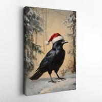 Winter Crow in Santa Hat Poster, Christmas Raven Wall Art Print, Spooky Holiday Bird Painting Decor, Digital Download Christmas Present