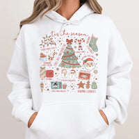 Festive Holiday Icons Hooded Sweatshirt, Tis the Season Christmas Hoodie, Retro Xmas Graphic Hoodie, Adorable Winter Pullover, Holiday Fan Present