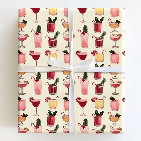 Holiday Drink Pattern Gift Wrap, Christmas Cocktail Wrapping Paper, Illustrated Seasonal Drinks Wrapping Paper, Cream Festive