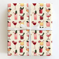 Holiday Drink Pattern Gift Wrap, Christmas Cocktail Wrapping Paper, Illustrated Seasonal Drinks Wrapping Paper, Cream Festive Gift Wrap