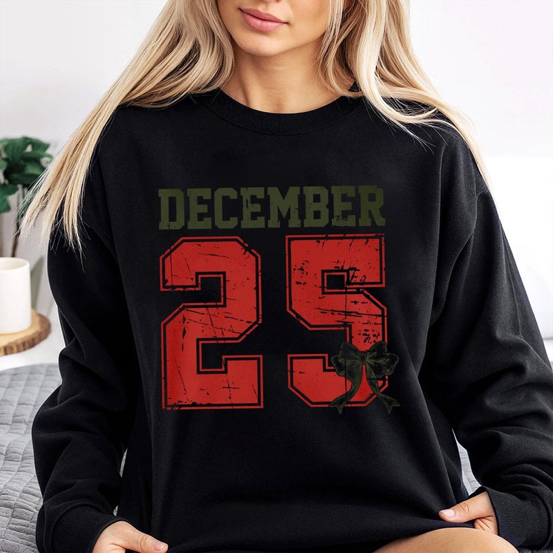 Retro Distressed Varsity Number Crewneck, December 25 Christmas Sweatshirt, Comfy Xmas Holiday Sweater, Vintage Aesthetic Graphic Pullover