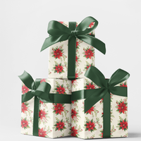 Watercolor Floral Gift Wrap Roll, Poinsettia Christmas Wrapping Paper, Holiday Poinsettia Gift Wrap, Botanical Xmas Paper Roll