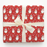 Red Winter Hat Holiday Gift Wrap, Adorable Penguin Christmas Wrapping Paper, Cartoon Penguin Wrapping Paper, Festive Snowflake Gift Wrap Roll