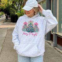 Coquette Bow Christmas Tree Hooded Sweatshirt, Merry and Bright Hoodie, Preppy Holiday Graphic Pullover, Adorable Girly Winter Aesthetic Jumper