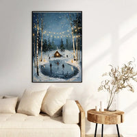 Comfy Cabin Snowy Forest Print, Winter Ice Skating Wall Art, Vintage Winter Landscape Poster, Rustic Holiday Christmas Home Decor