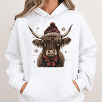 Western Santa Hat Cow Sweatshirt, Christmas Highland Cow Hoodie, Adorable Holiday Cow Hooded Pullover, Festive Winter Cow Graphic Hoodie