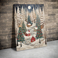 Winter Forest Papercraft Canvas Print, Snowy Christmas Village Canvas Wall Art, Holiday Village Canvas Decor, Festive Snow Landscape Print